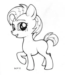 Size: 1171x1364 | Tagged: safe, artist:ecmajor, babs seed, earth pony, pony, one bad apple, dock, female, filly, foal, freckles, looking at you, monochrome, one hoof raised, signature, simple background, smiling, solo, standing, white background