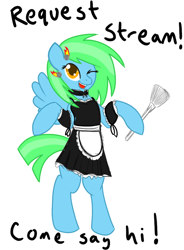 Size: 500x678 | Tagged: safe, artist:jade meteor, oc, oc only, oc:jade meteor, pegasus, pony, semi-anthro, clothes, duster, livestream, maid, text