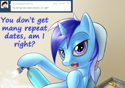 Size: 1000x700 | Tagged: safe, artist:dazko, minuette, ask, ask doctor colgate, dialogue, laughing gas, solo