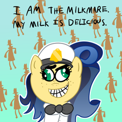 Size: 700x700 | Tagged: safe, artist:krabbshack, oc, oc only, oc:milky way, pony, bowtie, clothes, crossover, female, g-men, hat, mare, parody, psychonauts, solo, the milkman