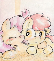 Size: 741x838 | Tagged: safe, artist:slightlyshade, apple bloom, babs seed, appleseed, blushing, female, incest, lesbian, licking, shipping, traditional art