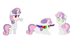 Size: 1372x700 | Tagged: safe, sweetie belle, sweetie bot, pony, robot, unicorn, friendship is witchcraft, mentally advanced series, bipedal, blank flank, dark magic, female, filly, foal, hooves, horn, lying down, self ponidox, simple background, sombra eyes, standing, thrackerzod, white background