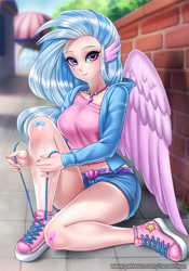 Size: 900x1286 | Tagged: safe, artist:racoonsan, silverstream, human, season 8, spoiler:s08, bandaid, belly button, belt, big breasts, blurry background, blushing, breasts, busty silverstream, clothes, converse, cute, denim, denim shorts, diastreamies, eared humanization, eyelashes, female, hoodie, humanized, jewelry, legs, long nails, looking at you, midriff, nail polish, necklace, outdoors, seashell, shadow, shoes, shorts, sitting, smiling, sneakers, solo, tying shoes, wing ears, winged humanization, wings