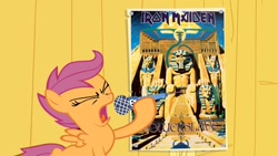 Size: 1280x720 | Tagged: safe, artist:doctorxfizzle, scootaloo, pegasus, pony, female, iron maiden, metal, solo