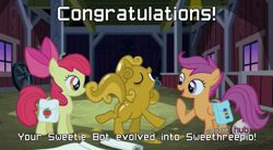 Size: 839x464 | Tagged: safe, edit, edited screencap, screencap, apple bloom, scootaloo, sweetie belle, sweetie bot, earth pony, pegasus, pony, robot, robot pony, unicorn, one bad apple, butt, c3po, caption, cutie mark crusaders, female, filly, foal, hooves, horn, open mouth, plot, pokémon, saddle bag, smiling, star wars, sweetie gold, text, window, wings