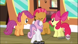 Size: 1920x1080 | Tagged: safe, edit, edited screencap, screencap, apple bloom, babs seed, scootaloo, sweetie belle, earth pony, pegasus, pony, unicorn, one bad apple, butt, caption, cutie mark crusaders, eyes closed, female, filly, hub logo, plot, train, youtube caption