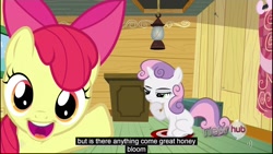 Size: 1920x1080 | Tagged: safe, edited screencap, screencap, apple bloom, sweetie belle, one bad apple, caption, youtube caption