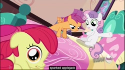 Size: 1920x1080 | Tagged: safe, edited screencap, screencap, apple bloom, scootaloo, sweetie belle, one bad apple, bed, caption, youtube caption