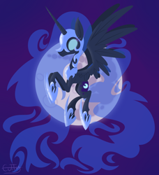 Size: 2148x2357 | Tagged: safe, artist:cuttycommando, nightmare moon, alicorn, pony, armor, cutie mark, female, flying, full moon, hooves, horn, lineless, mare, moon, solo, spread wings, wings