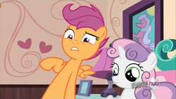 Size: 1280x720 | Tagged: safe, screencap, scootaloo, sweetie belle, one bad apple, season 3, hub logo