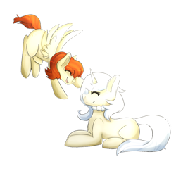 Size: 1024x997 | Tagged: safe, artist:oddends, oc, oc only, oc:ivory lace, oc:vanity, pegasus, pony, unicorn, commission, flying, prone, simple background