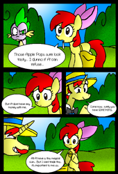 Size: 540x793 | Tagged: safe, artist:neoncabaret, apple bloom, flam, flim, spike, dragon, apple bloom's tree, comic