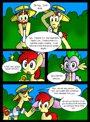 Size: 590x793 | Tagged: safe, artist:neoncabaret, apple bloom, flam, flim, spike, dragon, apple bloom's tree, comic, lollipop