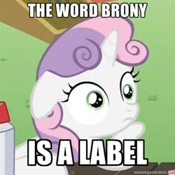 Size: 400x400 | Tagged: safe, edit, edited screencap, screencap, sweetie belle, pony, unicorn, ponyville confidential, brony, check your privilege, cropped, female, filly, floppy ears, hoof on chin, horn, image macro, label, meme, solo, sudden clarity sweetie belle, text, two toned mane, white coat, wide eyes