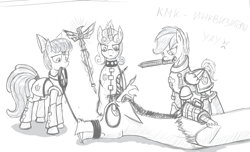 Size: 1024x623 | Tagged: safe, artist:panzerwaffe, apple bloom, scootaloo, sweetie belle, draconequus, earth pony, pegasus, pony, unicorn, chainsword, crossover, cutie mark crusaders, female, filly, foal, grayscale, inquisition, inquisitor, male, monochrome, power armor, psyker, quartet, russian, sketch, warhammer (game), warhammer 40k