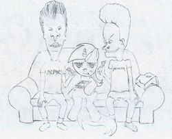 Size: 886x718 | Tagged: safe, artist:rainbow4242564, lyra heartstrings, beavis, beavis and butthead, butthead, crossover, sketch