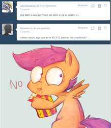 Size: 1281x1471 | Tagged: safe, scootaloo, pegasus, female, filly, orange coat, purple mane, solo, spanish, tumblr