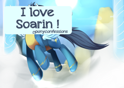 Size: 500x354 | Tagged: safe, soarin', pegasus, pony, blue coat, blue mane, male, pony confession, solo, stallion, wings