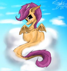 Size: 1264x1334 | Tagged: safe, artist:linnyillustrates, scootaloo, dragon, cloud, cloudy, dragonified, scootadragon, solo, species swap