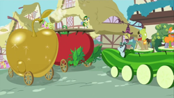 Size: 1366x768 | Tagged: safe, screencap, berry punch, berryshine, carrot top, cherry berry, daisy, doctor whooves, flower wishes, golden harvest, goldengrape, neon lights, rising star, royal riff, sir colton vines iii, one bad apple, float, summer harvest parade