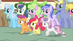 Size: 1366x768 | Tagged: safe, screencap, apple bloom, bon bon, cherry berry, daisy, flower wishes, linky, mochaccino, ponet, rare find, scootaloo, sea swirl, seafoam, shoeshine, sweetie belle, sweetie drops, one bad apple