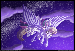 Size: 900x612 | Tagged: safe, artist:inuhoshi-to-darkpen, blossomforth, cloud kicker, fanfic:the life and times of a winning pony, cloudforth, ear fluff, female, flying, lesbian, night, ponies riding ponies, shipping, unshorn fetlocks, winningverse