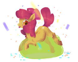 Size: 960x759 | Tagged: safe, artist:1eg, apple bloom, balloon, balloon sitting, blank flank, confetti, riding