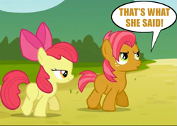 Size: 1133x809 | Tagged: safe, apple bloom, babs seed, earth pony, pony, female, filly, that's what she said, twss