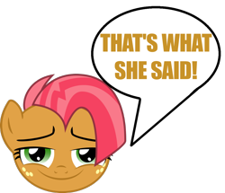 Size: 1070x920 | Tagged: safe, babs seed, earth pony, brown coat, female, filly, freckles, solo, that's what she said, two toned mane, twss