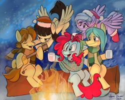 Size: 1593x1276 | Tagged: safe, artist:bennaroosky, wild fire, oc, oc:mandopony, oc:sleepy skies, oc:snowdrop (mutatingraven), campfire, fire, holiday, mutatingraven, ponified, sibsy, snow, solder bead