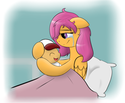 Size: 1252x1035 | Tagged: safe, artist:tails-doll-lover, scootaloo, oc, oc:lightning blitz, pony, ask pregnant scootaloo, baby, baby pony, colt, crying, female, foal, holding a pony, male, mother and child, mother and son, newborn, offspring, parent and child, parent:rain catcher, parent:scootaloo, parents:catcherloo, pregnant scootaloo