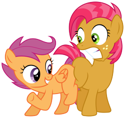 Size: 9091x8590 | Tagged: safe, artist:floppychiptunes, babs seed, scootaloo, one bad apple, absurd resolution, babscoot, blank flank, butt bump, butt to butt, butt touch, simple background, transparent background, vector