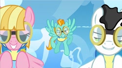 Size: 1280x720 | Tagged: safe, screencap, lightning dust, meadow flower, mercury, starry eyes (character), wonderbolts academy, faic, goggles, wonderbolt trainee uniform