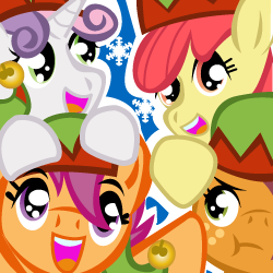 Size: 250x250 | Tagged: safe, artist:ladypixelheart, apple bloom, babs seed, scootaloo, sweetie belle, christmas, cutie mark crusaders, elf hat, happy, hat, smiling