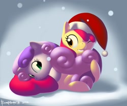 Size: 1666x1390 | Tagged: safe, artist:eosphorite, apple bloom, sweetie belle, cute, female, lesbian, shipping, snow, snowfall, sweetiebloom