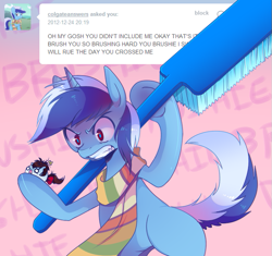 Size: 661x622 | Tagged: safe, artist:pekou, minuette, oc, pony, ask my little chubbies, ask, bipedal, chubbie, clothes, scarf, toothbrush, tumblr