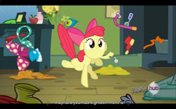 Size: 1024x640 | Tagged: safe, screencap, apple bloom, one bad apple, animation error, youtube caption