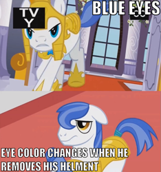 Size: 731x780 | Tagged: safe, edit, edited screencap, screencap, earth pony, pony, the crystal empire, animation error, blue eyes, brown eyes, image macro, male, royal guard, solo, stallion