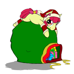 Size: 1000x1000 | Tagged: safe, artist:nessia, apple bloom, hat, leg warmers, present, sack, santa hat, santa sack, solo