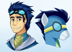 Size: 644x468 | Tagged: safe, artist:theziminvader, soarin', pony, duality, goggles, humanized, solo, wonderbolts uniform