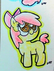 Size: 500x657 | Tagged: safe, artist:danadyu, apple bloom, earth pony, apple bloom's bow, female, filly, hair bow, red mane, yellow coat