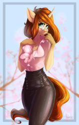 Size: 2212x3507 | Tagged: safe, artist:crazy-leg, oc, oc only, oc:sanctum salix, anthro, unicorn, anthro oc, big breasts, breasts, clothes, female, glasses