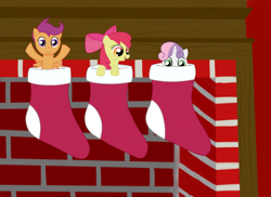 Size: 900x654 | Tagged: safe, artist:scootscoots, apple bloom, scootaloo, sweetie belle, christmas, christmas stocking, cutie mark crusaders, fireplace