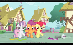 Size: 1024x640 | Tagged: safe, edited screencap, screencap, apple bloom, scootaloo, sweetie belle, one bad apple, caption, youtube caption