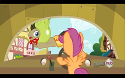 Size: 1024x640 | Tagged: safe, screencap, doctor whooves, scootaloo, one bad apple, hub logo, pear