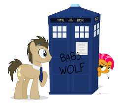 Size: 1500x1275 | Tagged: safe, artist:dm29, babs seed, doctor whooves, bad wolf, doctor who, duo, parody, simple background, tardis, transparent background