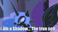 Size: 635x346 | Tagged: safe, edit, edited screencap, screencap, nightmare moon, alicorn, pony, friendship is magic, castle of the royal pony sisters, female, image macro, mare, persona, persona 4, shadow, solo