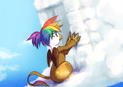 Size: 1400x990 | Tagged: safe, artist:bakki, oc, oc only, oc:rainbow feather, griffon, building, castle, cloud, cloudy, glow, interspecies offspring, magical lesbian spawn, offspring, parent:gilda, parent:rainbow dash, parents:gildash, solo