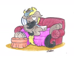 Size: 1544x1220 | Tagged: safe, artist:bobthedalek, oc, oc only, oc:mixed melody, oc:octavia's father, oc:octavia's mother, oc:ostinato melody, earth pony, pony, blanket, clothes, cold, duo, female, male, messy mane, nose blowing, pajamas, red nosed, sick, sneezing, sofa, tissue, traditional art