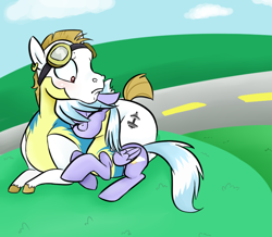 Size: 738x644 | Tagged: safe, artist:jessy, bulk biceps, cloudchaser, pegasus, pony, blushing, bulkabetes, cloudrage, cute, cutechaser, eyes closed, female, goggles, male, mare, road, roid rage, shipping, smiling, snuggling, stallion, straight